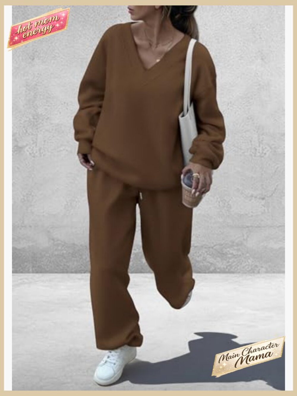 Oversized V-Neck Sweatsuit Set Loose Wide Leg Pants Knit Casual Lounge Wear - Picture 6 of 7